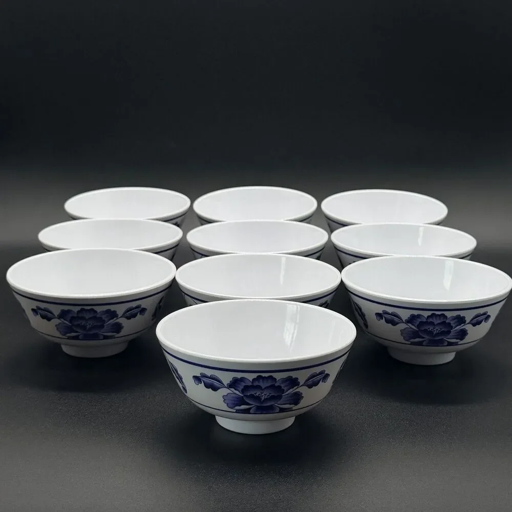 Set of 10 Tai-Hong Melamine Bowls Blue White Lotus Flower Chinese Stackable